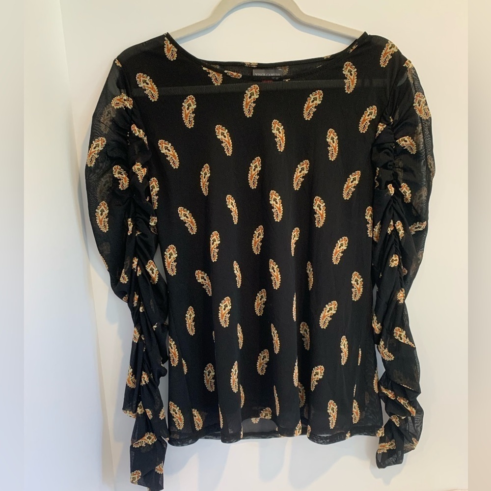 Vince Camuto Women’s Large Long Sleeve Black Stretch Mesh Top Orange Paisley
